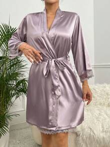 SilkySpell Lace Trim Split Hem Satin Cami Nightdress & Belted Robe Pajama Set, Fall Clothes - Dusty Purple - View 7