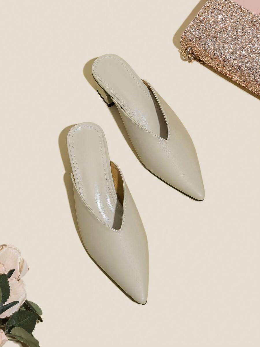 Mules de tacón de block cortado V - Beis - Ver 1