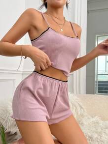 SHEIN 撞色滾邊吊帶背心和短褲休閒套裝 - 藕粉色 - 查看 5