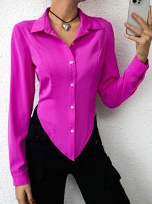 SHEIN Essnce 素色前紐扣不對稱下擺襯衫 - 玫紅色 - 查看 1