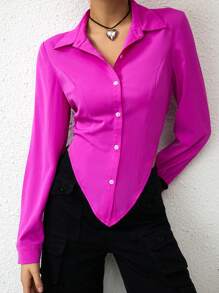 SHEIN Essnce 素色前紐扣不對稱下擺襯衫 - 玫紅色 - 查看 3