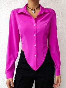 SHEIN Essnce 素色前紐扣不對稱下擺襯衫 - 玫紅色 - 查看 4