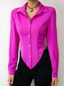 SHEIN Essnce 素色前紐扣不對稱下擺襯衫 - 玫紅色 - 查看 5