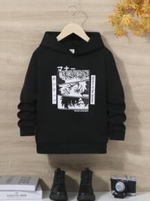 SHEIN Tween Boy Hooded Loose & Comfortable Graphic Sweatshirt - Black - View 1