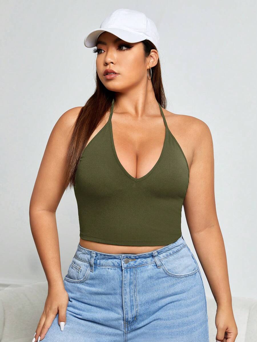 SHEIN EZwear 大碼素色繞頸短上衣 - 軍綠色 - 查看 1