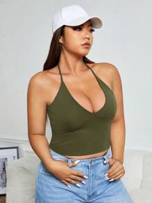 SHEIN EZwear 大碼素色繞頸短上衣 - 軍綠色 - 查看 4