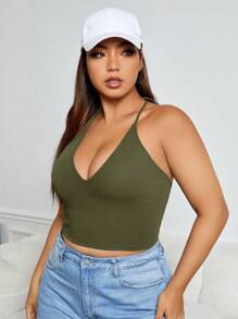 SHEIN EZwear 大碼素色繞頸短上衣 - 軍綠色 - 查看 5