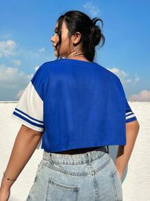 SHEIN EZwear Hơn Đồ họa Chữ cái Hai âm Mùa vụ Áo sơ mi - Xanh và trắng - Xem 2
