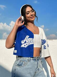 SHEIN EZwear Hơn Đồ họa Chữ cái Hai âm Mùa vụ Áo sơ mi - Xanh và trắng - Xem 3