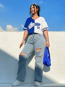 SHEIN EZwear Hơn Đồ họa Chữ cái Hai âm Mùa vụ Áo sơ mi - Xanh và trắng - Xem 6