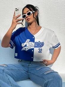 SHEIN EZwear Hơn Đồ họa Chữ cái Hai âm Mùa vụ Áo sơ mi - Xanh và trắng - Xem 7