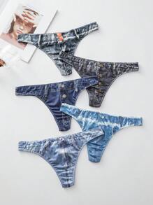 5pack Denim Effect Print Thong - Multicolor - View 5