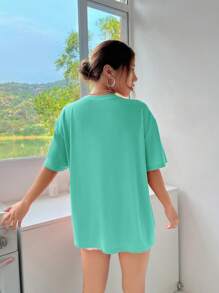 SHEIN Qutie Đồ họa Chữ cái Áo thun Thả vai - Màu xanh Bạc hà - Xem 2