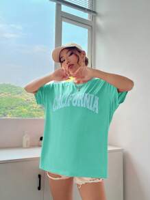 SHEIN Qutie Đồ họa Chữ cái Áo thun Thả vai - Màu xanh Bạc hà - Xem 6