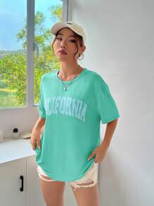 SHEIN Qutie Đồ họa Chữ cái Áo thun Thả vai - Màu xanh Bạc hà - Xem 7