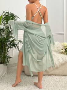 Contrast Lace Bow Front Mesh PJ Set / Pajama Set Bow Tie - Mint Green - View 2