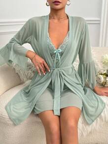 Contrast Lace Bow Front Mesh PJ Set / Pajama Set Bow Tie - Mint Green - View 6