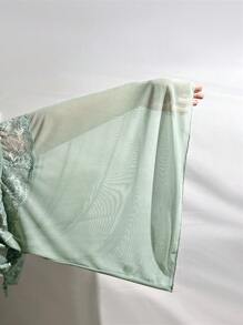 Contrast Lace Bow Front Mesh PJ Set / Pajama Set Bow Tie - Mint Green - View 7