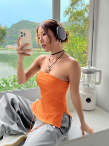 SHEIN EZwear Chất rắn Viền chia cắt Ống ngọn - trái cam - Xem 5