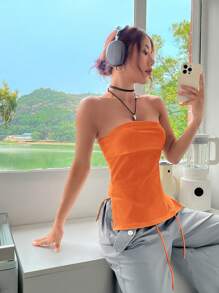 SHEIN EZwear Chất rắn Viền chia cắt Ống ngọn - trái cam - Xem 6