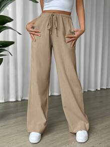 SHEIN EZwear 腰部抽繩直筒褲 - 卡其色 - 查看 5