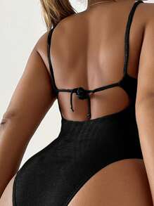 Swim Basics Summer Beach Solid One Piece Swimsuit - Black - View 2