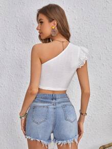 SHEIN VCAY Một bờ vai Lỗ gắn thêu áo tay bướm Áo phông Crop - trắng - Xem 2