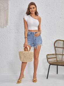 SHEIN VCAY Một bờ vai Lỗ gắn thêu áo tay bướm Áo phông Crop - trắng - Xem 4
