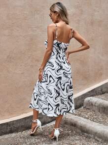 SHEIN Clasi In Đá cẩm thạch Tách đùi Váy Dây - Đen và trắng - Xem 2