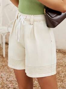 SHEIN Frenchy Drawstring Waist Striped Print Wide Leg Denim Shorts - Beige - View 5