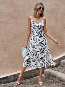 SHEIN Clasi In Đá cẩm thạch Tách đùi Váy Dây - Đen và trắng - Xem 6