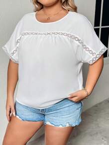 SHEIN LUNE 大碼後紐扣蕾絲邊襯衫 - 白色 - 查看 4