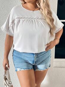 SHEIN LUNE 大碼後紐扣蕾絲邊襯衫 - 白色 - 查看 3