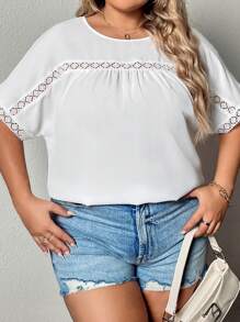 SHEIN LUNE 大碼後紐扣蕾絲邊襯衫 - 白色 - 查看 6