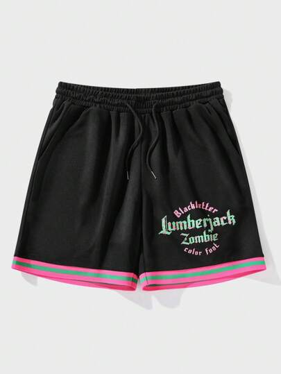 Street Life بنطلون قصير بطباعة أحرف مقلم مخطط رباط خصر للشباب