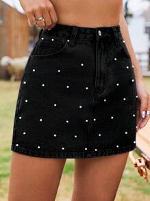 珍珠串珠牛仔半身裙 - 黑色 - 查看 4
