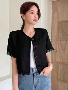DAZY 素色前紐扣毛邊短款襯衫 - 黑色 - 查看 4