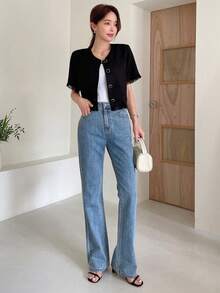 DAZY 素色前紐扣毛邊短款襯衫 - 黑色 - 查看 8