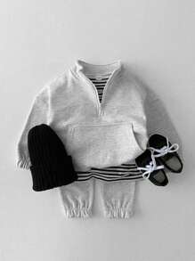 Đứa bé trai Túi kangaroo Một nửa khóa kéo Áo len & Quần nỉ - Xám - Xem 1