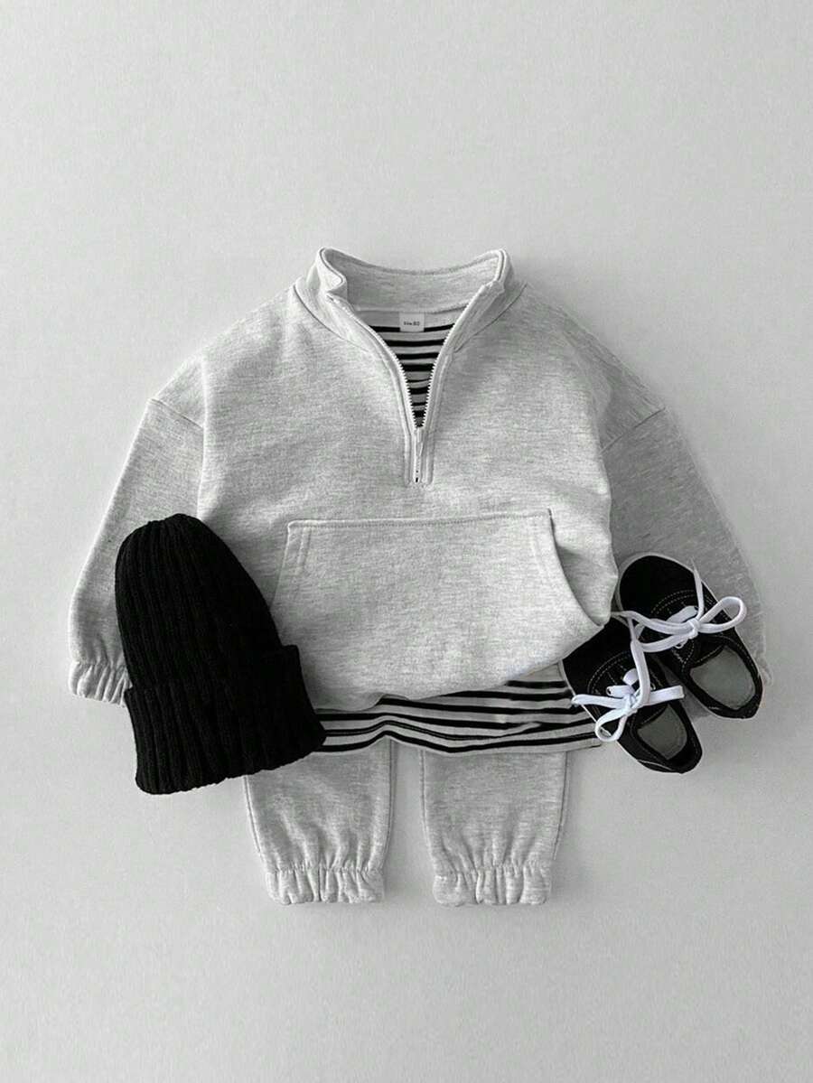 Đứa bé trai Túi kangaroo Một nửa khóa kéo Áo len & Quần nỉ - Xám - Xem 1