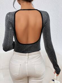 SHEIN Essnce Contrast Binding Backless Glitter Tee - Dark Grey - View 4