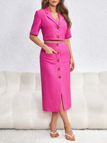 SHEIN Privé 西裝領短版西裝&前紐扣半身裙 - 玫紅色 - 查看 5