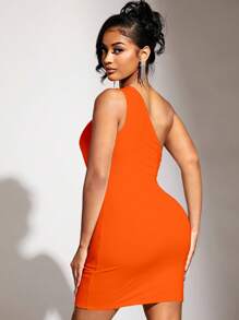 SHEIN SXY One Shoulder Cut Out Front Bodycon Dress - Orange - View 2