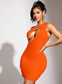 SHEIN SXY One Shoulder Cut Out Front Bodycon Dress - Orange - View 3