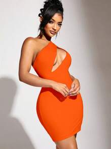 SHEIN SXY One Shoulder Cut Out Front Bodycon Dress - Orange - View 4
