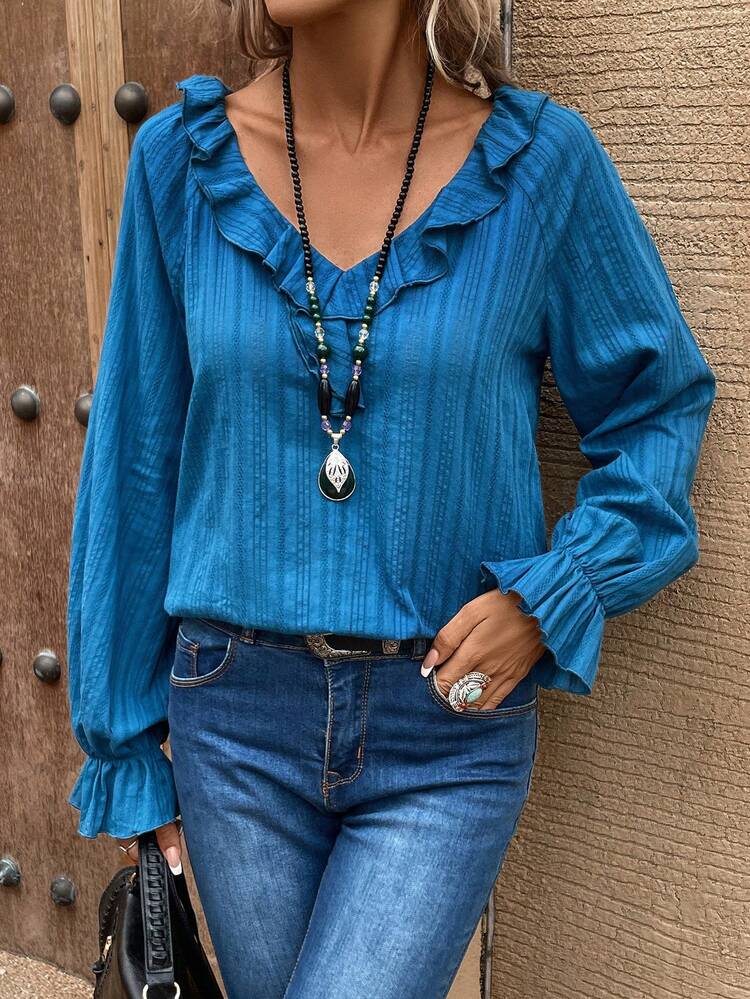 SHEIN Clasi tay áo lá sen Viền Ruffle Áo sơ mi - Màu xanh lam - Xem 3