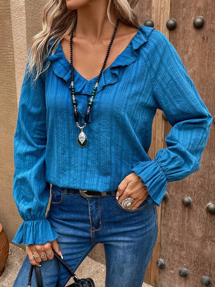 SHEIN Clasi tay áo lá sen Viền Ruffle Áo sơ mi - Màu xanh lam - Xem 5