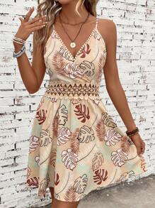 SHEIN VCAY Tropical Print Guipure Lace Insert Cami Dress