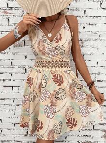 SHEIN VCAY Tropical Print Guipure Lace Insert Cami Dress