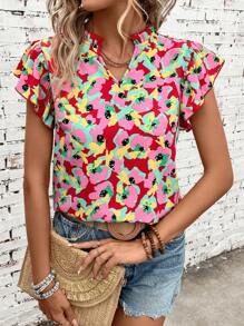 SHEIN VCAY 滿版印花缺口領蝴蝶袖襯衫 - 彩色 - 查看 4